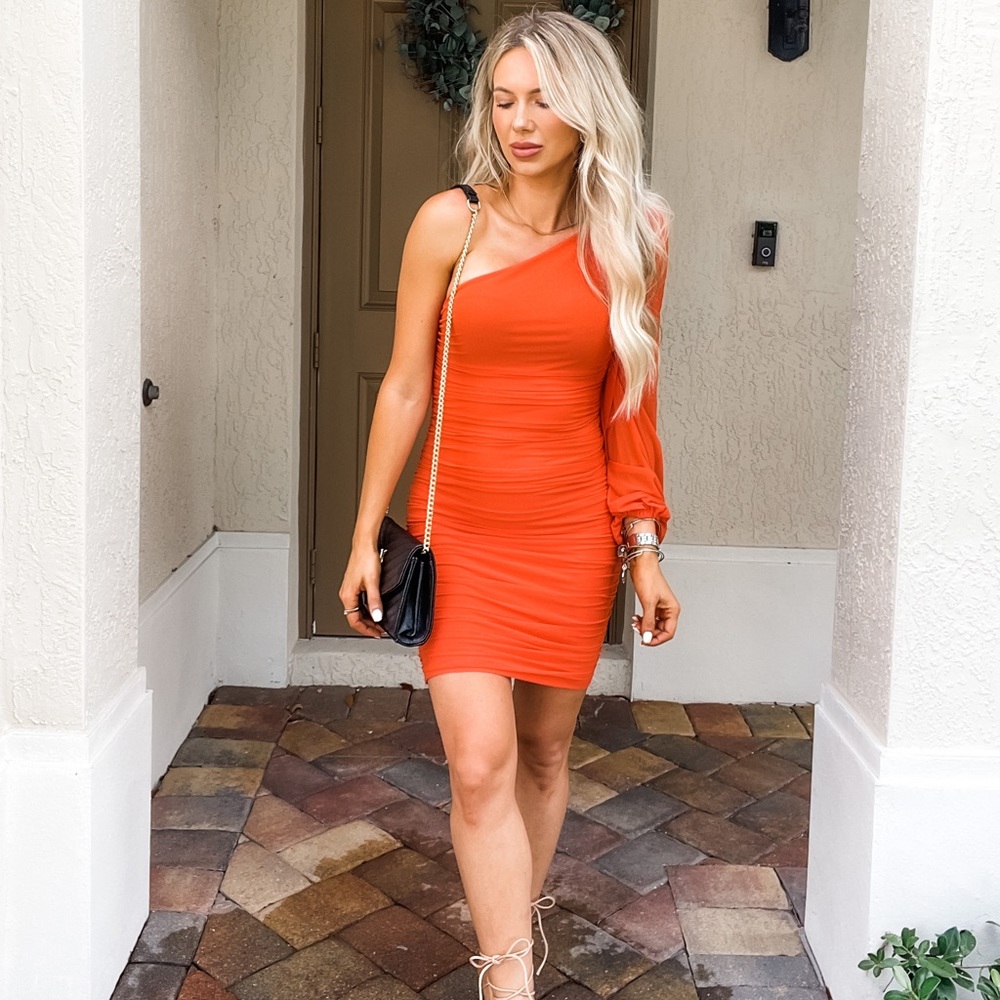 ORANGE ONE SHOULDER PARTY MIDI DRESS